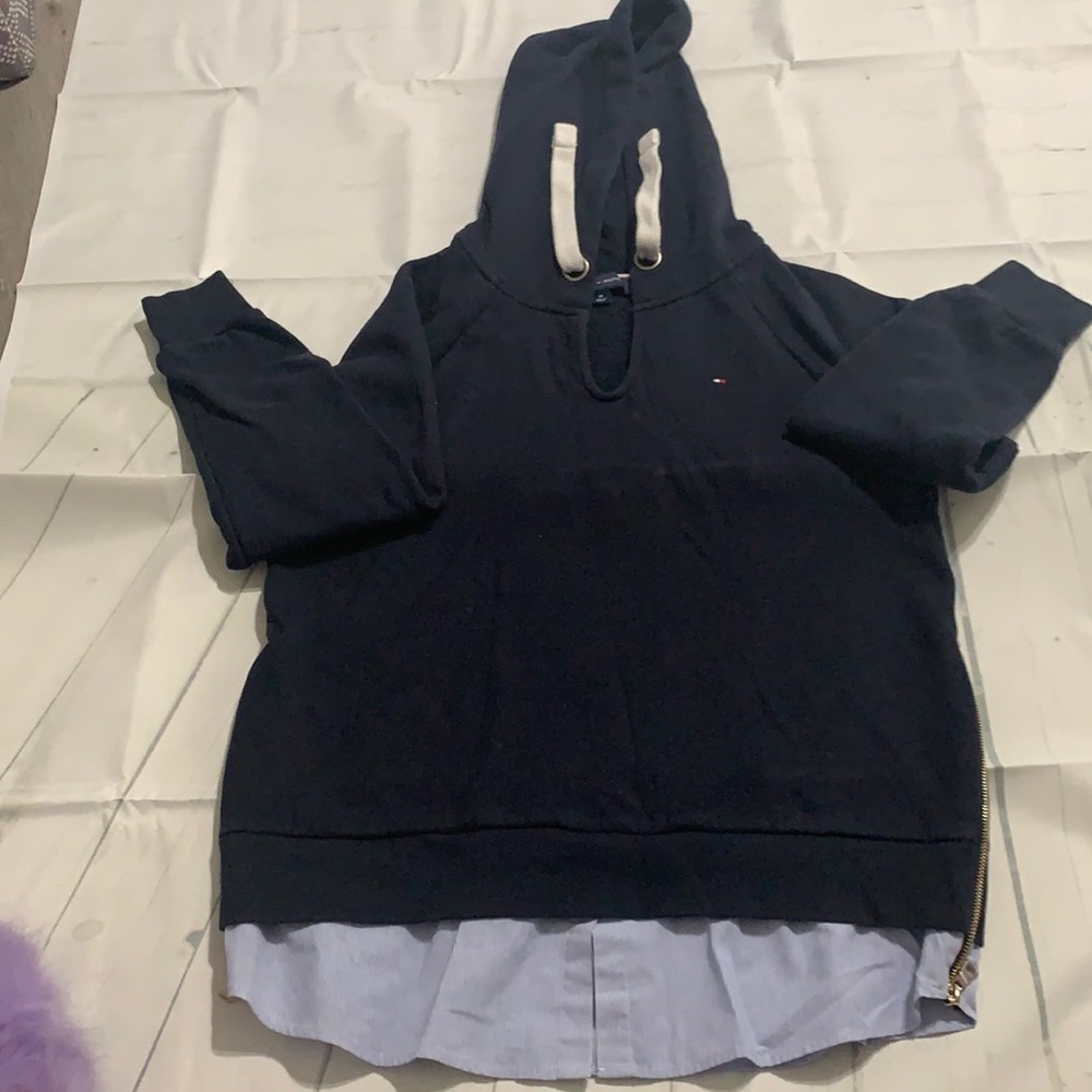 Girls medium navy blue Tommy Hilfiger hoodie with attached bottom blouse